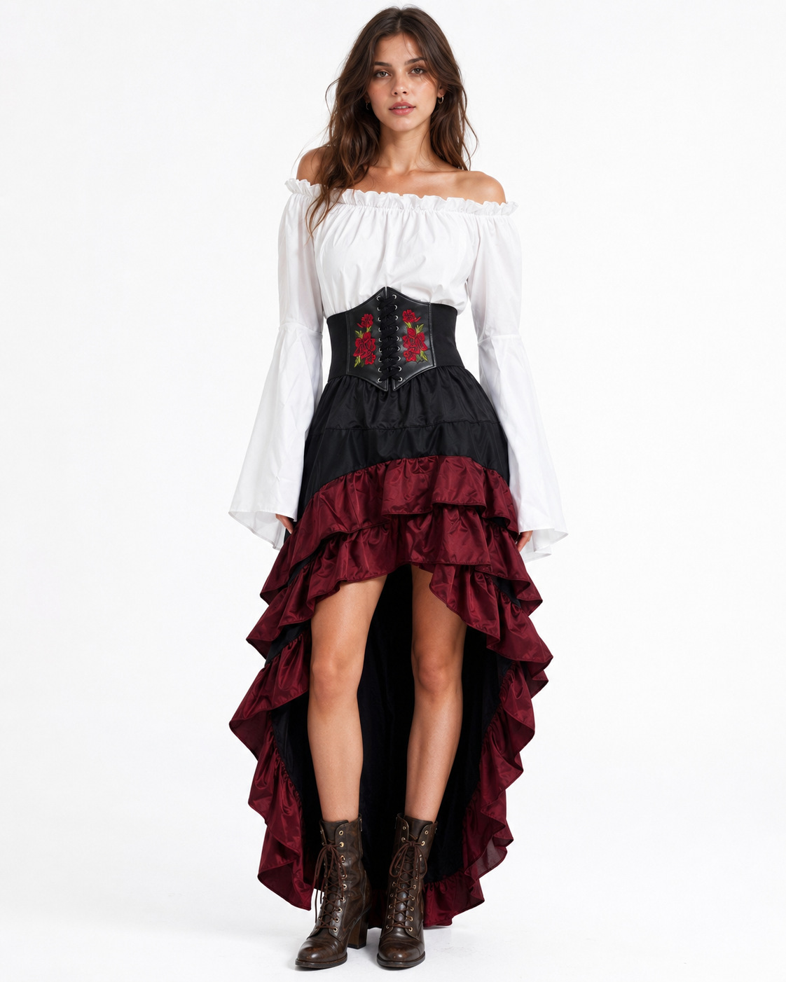 3Pcs Medieval Pirate Costume - Elizabeth Rose Embroidery Corset Ruffled Outfit